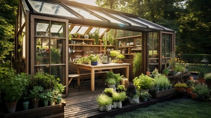 A photo of a backyard greenhouse with plants.