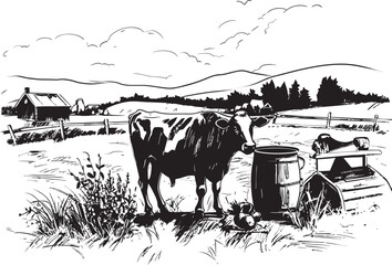 Pastoral Perfection Cow and Milk Can Emblem in Grass Farm Setting Milky Meadows Vector Logo Design with Cow, Milk Can, and Grass