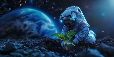 realistic photo of a closeup of a plant planted by astronaut in special costume on blue moon surface, surrounded by star glow, earth on background, and cinematic blue-dark lighting on the DSL camera - obrazy, fototapety, plakaty