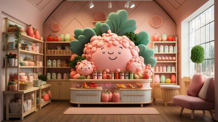 Pink grocery store interior with a large pink cauliflower mascot