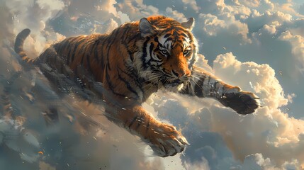 A fierce tiger kite prowling through the sky, its stripes rippling with every movement - obrazy, fototapety, plakaty