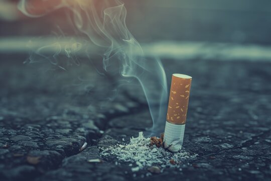 Illuminated Cigarette on Rough Surface with Wisp of Smoke