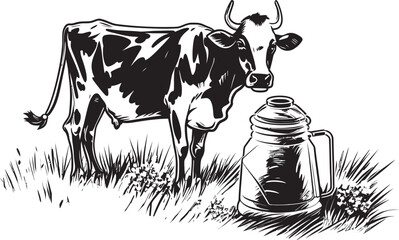 Bountiful Bovine Bounty Vector Logo Design with Cow, Milk Can, and Rich Pastures Grassland Goodness Cow, Milk Can, and Grass Vector Logo