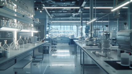 Obraz premium A state-of-the-art pharmaceutical formulation laboratory with formulation scientists' workstations and tablet compression machines, momentarily unoccupied but ready to develop new drug formulations