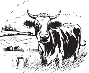 Creamy Countryside Cow with Milk Can Farm Icon Dairy Delight Milk Can Grass Farm Vector Logo