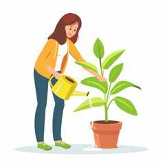 A cute illustration of a young girl watering a houseplant from a watering can and smiling, isolated on a white background. Urban jungle concept - 779037788