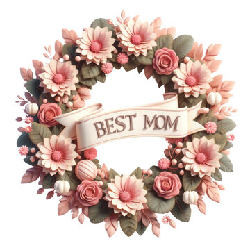 3D render A wreath of flowers with a ribbon that says "Best Mom" on it, 3D render, isolated on a transparent background