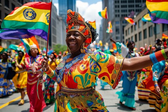 Juneteenth.A dancer in a colorful dress smiles while holding a rainbow flag at a parade. Generative AI