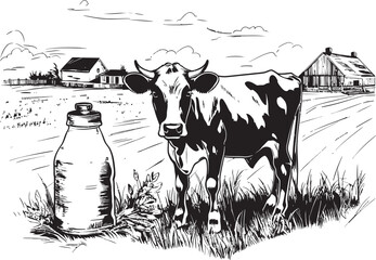 Pastoral Perfection Milk Can Grass Farm Vector Logo Moo Magic Cow with Milk Can Icon