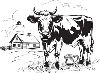 Bovine Bounty Milk Can Grass Farm Vector Design Rustic Creamery Grass Farm Vector Logo with Cow