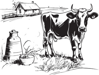 Pastoral Perfection Grass Farm Vector Logo with Dairy Cow Moo Magic Cow with Milk Can Emblem