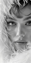 Schönes gepflegtes Frauen Gesicht mit grandiosen Make up und Boa Federn in schwarz weiß Nahaufnahme