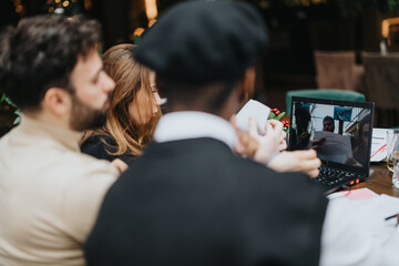Multiethnic business colleagues working closely together, focused on a laptop screen in a restaurant. The image conveys teamwork, diversity, and professionalism in an informal setting.