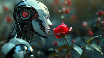 Close-up of a humanoid robot delicately sniffing a vibrant red rose, showing sense of fragrance in his head piece with the help of red led - obrazy, fototapety, plakaty