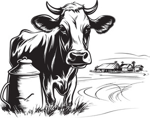 Bovine Bounty Milk Can Grass Farm Vector Design Rustic Creamery Grass Farm Vector Logo with Cow