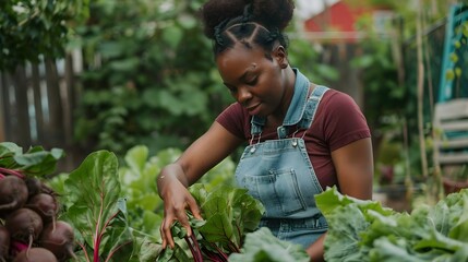 Young Woman Inspecting Beets in Vibrant Urban Community Garden