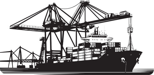 Maritime Logistics Mastery Crane Loading to Cargo Ship Emblem Dockside Dynamics Industrial Cargo Ship Loading Crane Logo Design