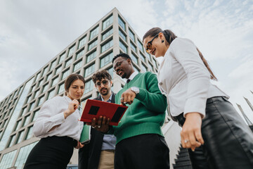 Group of young entrepreneurs discussing a new project outdoors with a modern building in the background.