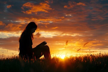Silhouette female person reading book, sunset serene nature. Tranquil place,  education, peace