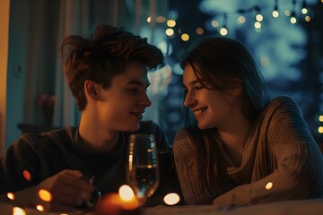 Romantic dinner date, young couple boy girl, love, cozy restaurant - Powered by Adobe