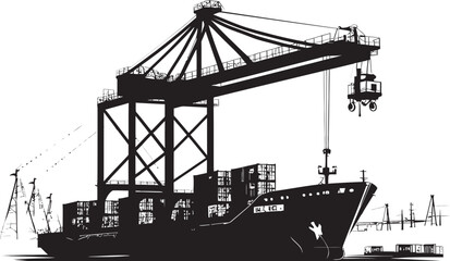 Port Perfection Industrial Cargo Ship Loading Crane Icon Seaborne Symphony Crane Loading to Cargo Ship Vector Emblem