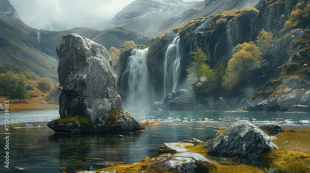Poster an ancient twisted ruinic standing stone at the base of a large cliff waterfall and pond. generative
