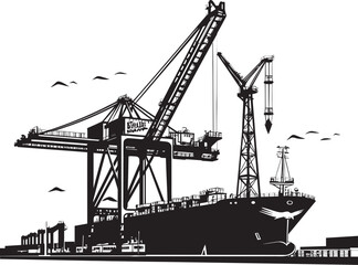 Oceanic Overdrive Industrial Ship Loading Vector Icon Freight Forwarders Crane Loading to Cargo Ship Emblem - obrazy, fototapety, plakaty