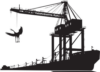 Port Prowess Crane Loading Cargo Ship Logo Design Oceanic Overdrive Industrial Ship Loading Vector Icon - obrazy, fototapety, plakaty