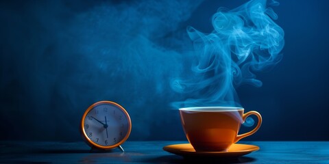 Time for Coffee: Cup and Clock on Blue Backdrop