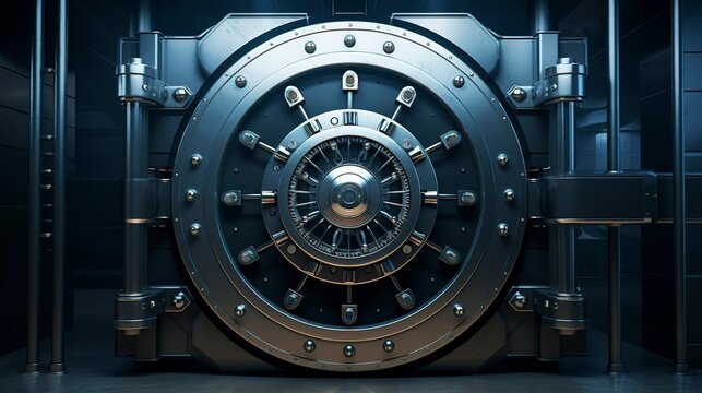 A photo of a bank vault door with a combination lock.