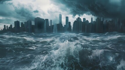 Tsunami waves, city under stormy sky, disaster concept. Power nature. Storm chaos - obrazy, fototapety, plakaty