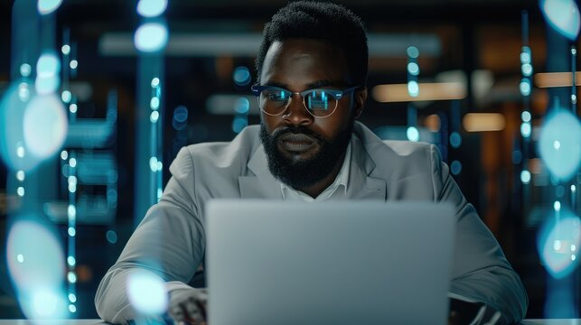 Data analyst securely working on a laptop in an office setting, emphasizing secure data practices with visual cues like encrypted data transmission symbols. Generative AI.