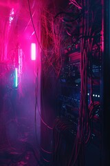Detailed, atmospheric image of a hacker's lair, with fiberoptic cables spreading like a web under neon lights, 3D illustration