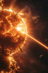 Detailed, moody illustration of a fire bow that controls solar flares, aimed toward the sun from a dark observatory, 3D illustration