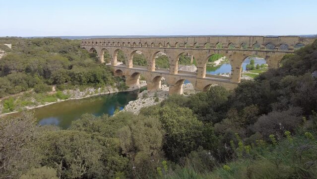 Scenic view of the historic Pont du Gard, a UNESCO world heritage Roman aqueduct located in Provence, near Nimes in France.
