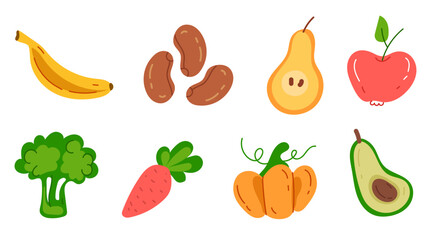 Fruits and vegetables isolated simple set.  Vector doodle hand drawn graphic design illustration