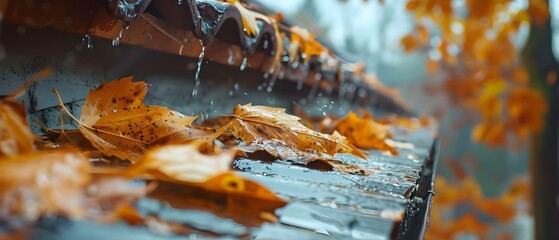 Autumn Gutter Cleaning: Preventing Water Damage. Concept Gutter Maintenance, Autumn Cleanup, Water Damage Prevention, Home Exterior Care - obrazy, fototapety, plakaty