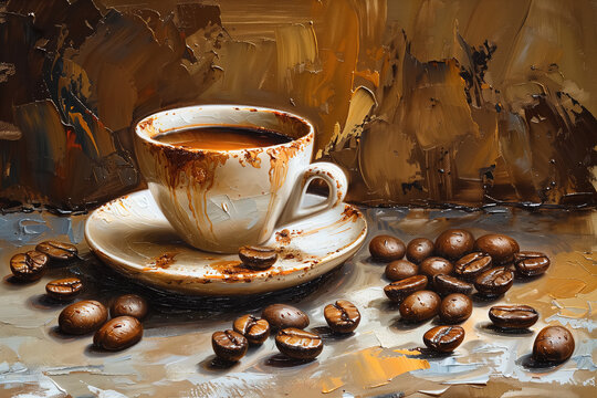 Digital Art - Painting of a cup of coffee and some coffee beans