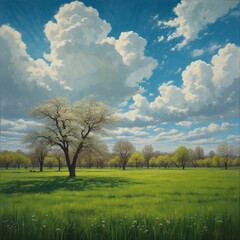 Obraz premium Lush Meadows and Flowering Fields in Tranquil Nature Landscapes Under the Blue Sky