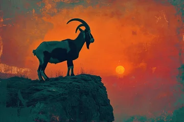 Raamstickers Majestic mountain goat standing on cliff edge with sun setting in background, creating dramatic silhouette landscape © SHOTPRIME STUDIO