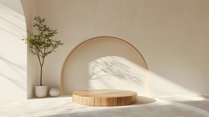 Wooden Podium Amidst Minimalist Geometric Shapes for Understated Modern Background