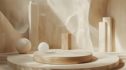 Fototapeta na wymiar Minimalist Geometric Scene with Wooden Podium at the Center Surrounded by Soft Muted Tones and Shapes in a Sleek Contemporary Design