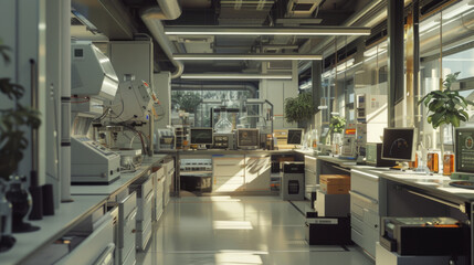 A sophisticated biotech lab, with rows of advanced research equipment and workstations, momentarily unoccupied but ready to drive innovation in the field of medicine