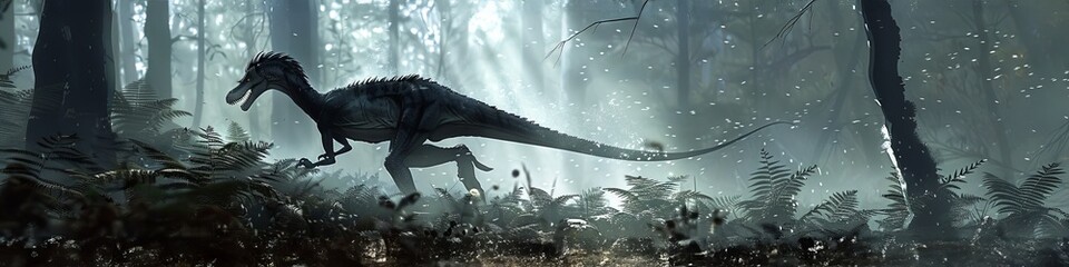 A Saurornitholestes ninja in the shadows of feudal Japan, its agility and cunning making it a ghostly predator