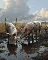 Pigs with neon stripes playing in a mud puddle, their playful actions illuminating the farmyard