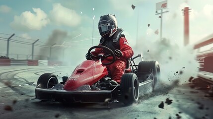 A go kart race goes awry when one kart loses control, spinning into the barriers with a dramatic thud - obrazy, fototapety, plakaty