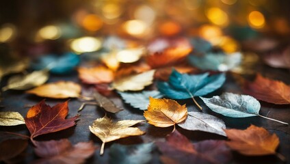 Rich hues of autumn leaves artistically arranged on a vibrant, colorful, and warmly lit background