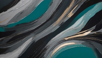 This image showcases an abstract painting featuring a dynamic mix of swirling blue, black, and gold strokes creating a sense of fluid motion and modern artistry