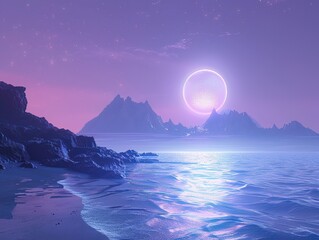 A planet where the seas are made of liquid light, casting an ethereal glow on its shores - obrazy, fototapety, plakaty