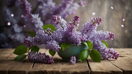 A lush arrangement of blooming lilacs in a charming vintage pot, instantly warming the rustic wooden setting